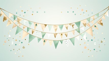  a blue and gold party banner with gold foil confetti and confetti garlands on a light blue background