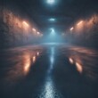 © 효민 이 - Dark street, wet asphalt, reflections of rays in the water. Abstract dark blue background, smoke, smog. Empty dark scene, neon light, spotlights. Concrete floor - Generative AI