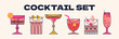 © Limpreom - Set alcoholic cocktails in glasses in cartoon retro style of different shapes. Classic summer drinks, aperitif. Hippie groovy drinks hand drawn