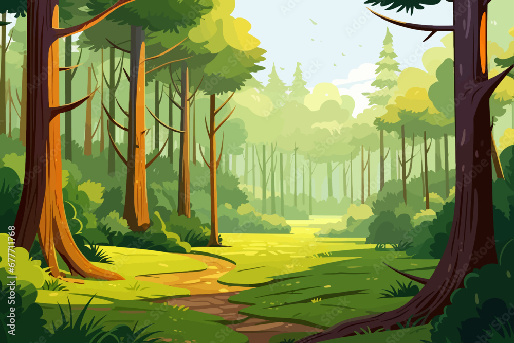 Forest landscape background with green trees and grass in cartoon style ...