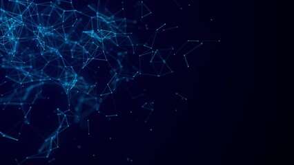 Blue abstract background with connection lines, dots and triangles. Technology network connection. Digital structure of particles. 3D rendering.