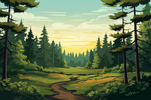 Forest Landscape Background With Path And Trees. Vector Illustration In Flat Style