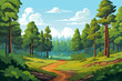 © xxstudio - Forest landscape background with green trees and grass in cartoon style vector illustration