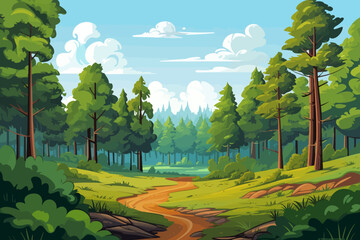 Wall Mural - forest landscape background with green trees and grass in cartoon style vector illustration