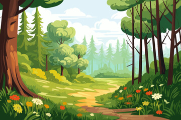Wall Mural - forest landscape background with green trees and grass in cartoon style vector illustration
