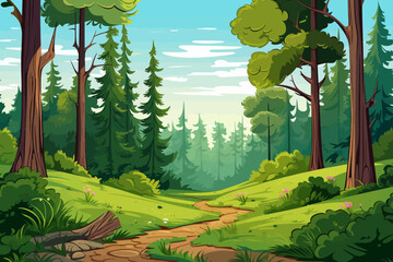 Wall Mural - forest landscape background with path in the middle of the forest vector illustration