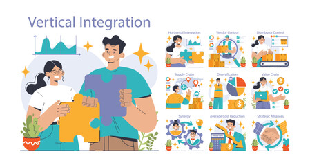 Poster - Vertical integration set. Company's supply chain optimization and control. Business strategy from manufacturing to sales. Optimized production flow, effectiveness and quality. Flat vector illustration