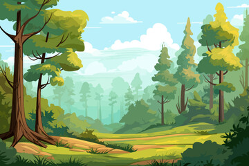 Wall Mural - forest landscape background with green trees and road. vector illustration in cartoon style