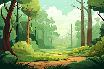 Forest landscape with trees and grass in cartoon style. Vector illustration.