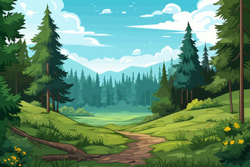 Wall Mural - forest landscape with trees and grass in cartoon style. vector illustration.