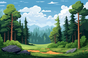 Wall Mural - forest landscape with road and trees in cartoon style. vector illustration.