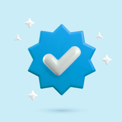 Vector 3d Blue Verified Badge concept. Trendy plastic blue round starburst badge with checkmark and sparkles, approved realistic icon on blue background. 3d render yes tick sign illustration