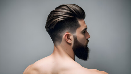 Wall Mural - Man with slicked back haircut and long beard on white background