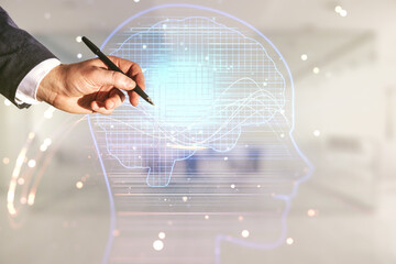 Aufkleber - Double exposure of man hand with pen working with creative human head microcircuit hologram on blurred office background. Future technology and AI concept