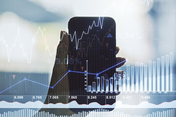 Poster - Double exposure of abstract creative financial diagram and hand with cellphone on background, banking and accounting concept