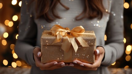 Wall Mural - Woman holds a gift box in her hand. Christmas present with decorated box and festive lights.