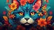  a close up of a cat with flowers on it's head and a butterfly on it's head, with a blue background of red, orange, yellow, orange, orange, and yellow, and red flowers.  generative ai