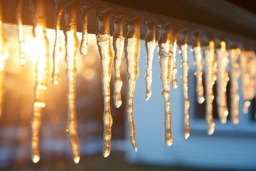 Poster - Hanging icicles with slow dripping drops of water from window top in daylight