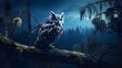 Owl perched under moonlight, night shot capturing an owl with a moonlit forest backdrop, bringing out the mysterious allure of nocturnal forest life.