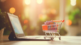 Fototapeta Perspektywa 3d - shopping cart on blur background, Shopping online concept - Empty shopping cart on keyboard laptop,How to Ensure Your E-Commerce,AI Generative 