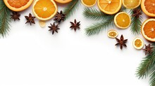  A White Background With Oranges, Cinnamons, Anisettes And Anisette Star Anisettes Arranged On Top Of Each Other Pieces Of Oranges.  Generative Ai