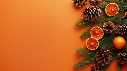 orange slices, pine cones, and oranges are arranged on an orange background with pine cones and oranges on the left side of the orange is surrounded by pine cones.  generative ai