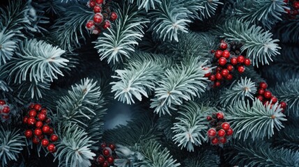 Canvas Print -  a close up of a bunch of red berries on a pine tree with green leaves and snow on the branches of the branches and the branches of the tree are covered with red berries.  generative ai