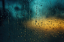 Rain Drops On Glass Window At Night