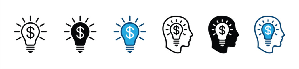 Poster - Business and finance idea icon set. Creative earning money solutions. Financial management innovation. Savings thinking icon symbol. Vector illustration