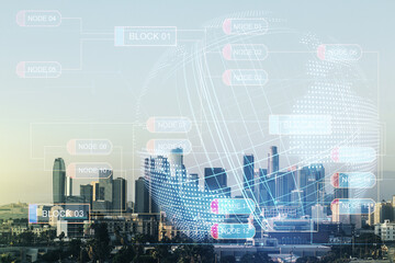 Poster - Multi exposure of abstract creative coding sketch and world map on Los Angeles city skyline background, artificial intelligence and neural networks concept
