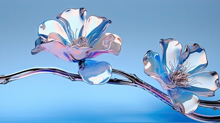 Wall Mural -  a close up of a glass vase with a flower on a branch with water droplets on the bottom of the vase and the bottom of the vase with a blue background.  generative ai