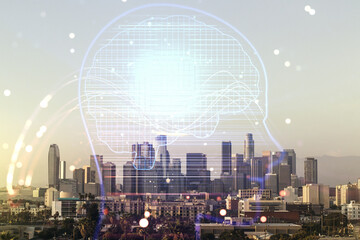 Poster - Double exposure of creative human head microcircuit hologram on Los Angeles office buildings background. Future technology and AI concept