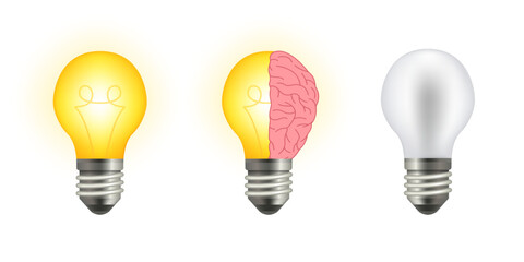 Poster - Realistic light bulb. Glowing yellow and white incandescent lamps. Brain in the yellow light bulb. Good idea. Creative idea, brainstorm, mind, non standard thinking symbol. Vector illustration