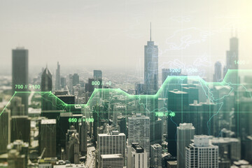 Poster - Multi exposure of abstract virtual graphic data spreadsheet sketch on Chicago cityscape background, analytics and analysis concept