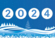 Happy New Year 2024. Christmas tree on blue background of winter nature with pattern and snowflakes for greeting card, holiday banner, flyer, brochure.
