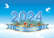 Merry Christmas 2024. Festive background with the date 2024, greeting card, vector composition design with New Year's symbols against the backdrop of a peaceful sky with doves.