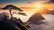  a mountain with a tree on top of it in the middle of a foggy sky with the sun rising over the top of the mountains in the distance,.  generative ai