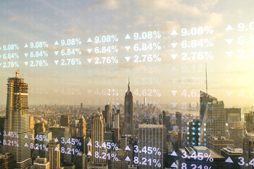 Poster - Double exposure of abstract virtual statistics data hologram on New York city skyscrapers background, statistics and analytics concept