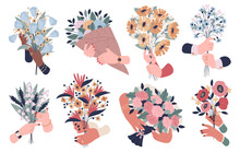 Hands Holding Flowers. Blooming Bunches Compositions, Female Arms, Lovely Romantic Holiday Gift, Roses, Botanical Decorative Gerberas And Bluebells, Tidy Vector Cartoon Flat Illustration Set