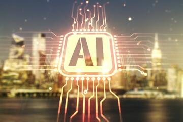 Poster - Abstract virtual artificial Intelligence symbol hologram on blurry skyline background. Multiexposure