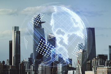 Poster - Double exposure of digital map of North America hologram on New York city skyscrapers background, research and strategy concept