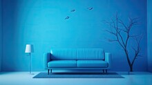  A Blue Living Room With A White Couch And A Tree In The Middle Of The Room And Birds Flying In The Sky Above The Couch And A Lamp On The Wall.  Generative Ai
