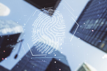 Aufkleber - Abstract virtual fingerprint hologram on office buildings background. Multiexposure