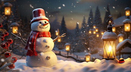 snowman and christmas tree. a snowman on whom a light shines