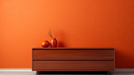  two red vases sitting on top of a wooden dresser against a bright orange wall in a room with a white floor and a wooden dresser with two red vases on top.  generative ai