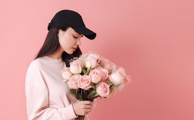 Floral spring concept of fresh spring vivid color flowers on the face and body of a young beautiful attractive girl. Abstract portrait.