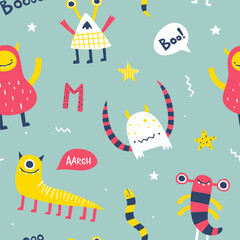 Wall Mural - cute pattern with funny monsters for babies. abstract vector print with naive monsters for kids text