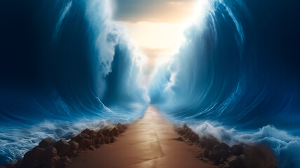 Ocean separate up to form canal. Bible miracle of Moses parting red sea for passage