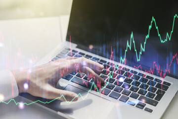 Poster - Multi exposure of abstract creative financial graph with hand typing on laptop on background, forex and investment concept