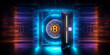 Gold Safe deposit with bitcoin logo. Concept symbol of cryptocurrency safety in internet blockchain virtual. Copy space banner